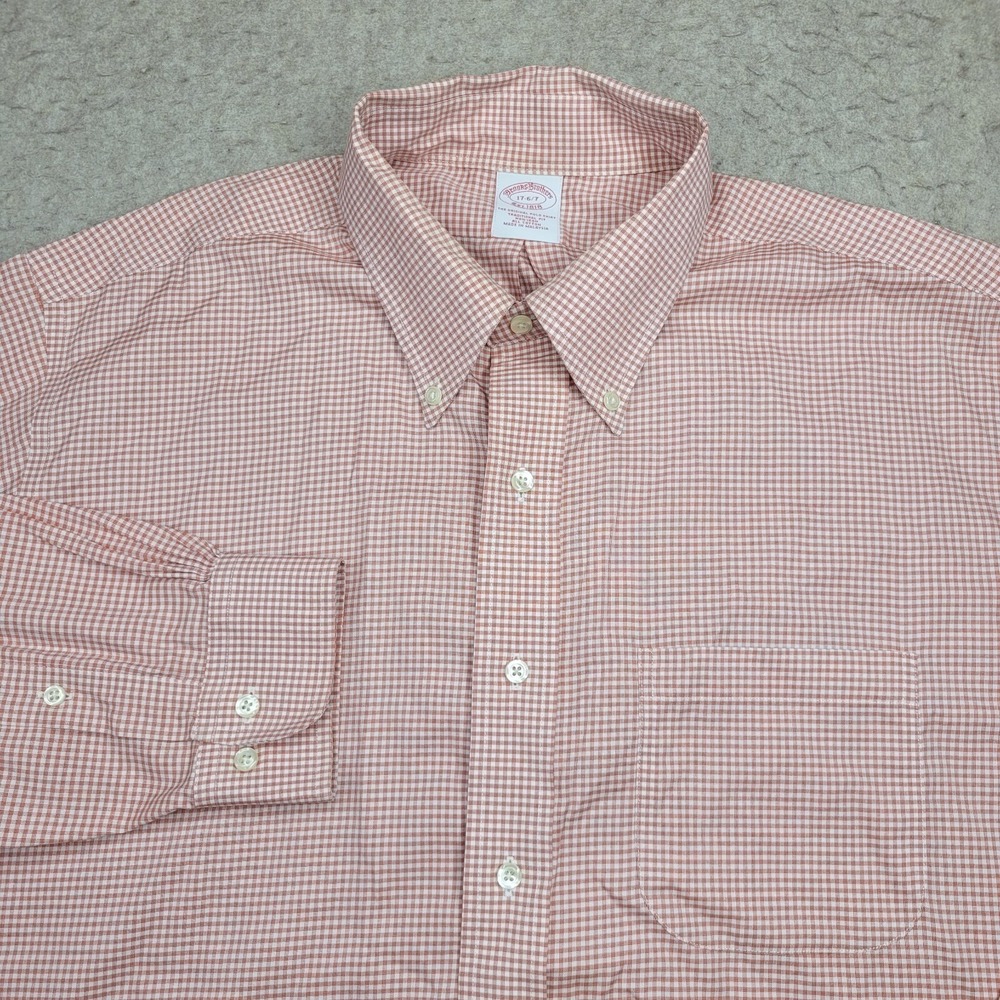 Brooks‎ Brothers Shirt Mens 17 6/7 Orange Plaid Long Sleeve Button Down